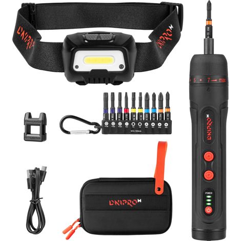 Dnipro-M Kit Destornillador Eléctrico 3,6V + Linterna Frontal 300 lm – 10 Nm, USB-C, Sensor Movimiento, 7+1 Posiciones de Par, IP44