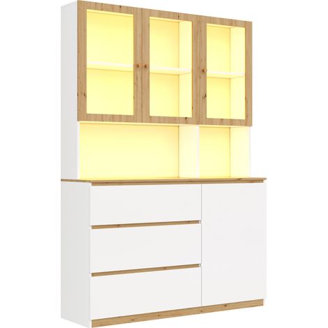 Vitrine haute multifonction avec éclairage LED, 120 x 200 cm, en MDF blanc et chêne, avec plan de travail allongé (1/5)