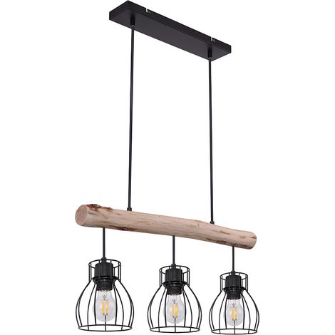 Globo – Plafonnier vintage en métal noir et bois – Abat-jour treillis – 3 douilles E27 – Longueur 60cm – 220-240V – 153263N (1/7)