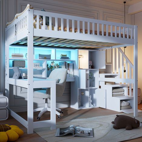 Lit mezzanine, 140 x 200 cm, avec éclairage LED, échelle, étagères, compartiments de rangement, bureau, sans matelas, blanc (1/4)