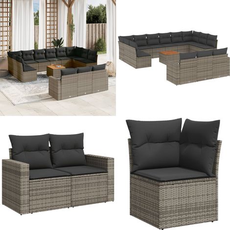 Salon de jardin avec coussins 14 pcs gris résine tressée - Ensemble Salon De Jardin - Mobilier De Jardin - Salon Extérieur - Résine Tressée - Rotin Synthétique - Home & Living (1/5)