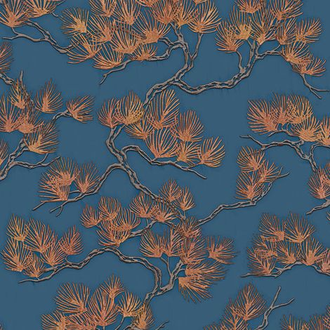 Navy Copper Pine Tree Wallpaper Textured Embossed Metallic Paste The Wall Vinyl