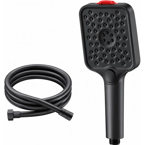 Ensemble de douchette carrée noire, 3 modes, autonettoyant, anticalcaire, haute pression + flexible PVC renforcé de 2 mètres