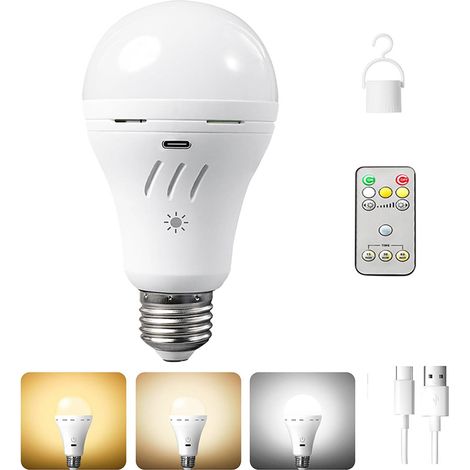 Ampoule LED rechargeable sans fil, Ampoule de secours avec télécommande – E27, 7W, 3 températures de couleur et variateur d‘intensité – Accroche intégrée pour panne de courant, Camping, Usage extérieu (1/5)