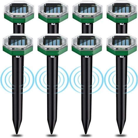Set mit 8 solarbetriebenen Ultraschall-Maulwurfsvertreibern, IP65 wasserdicht, geeignet für den Einsatz in Gärten, auf Terrassen und Rasenflächen, um Maulwürfe fernzuhalten.