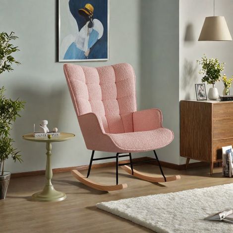 Skandinavischer Schaukelstuhl 1 Platz - Rosa Teddyvelours, Massivholz und Metall, 68x75x92 cm