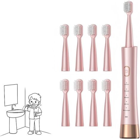 Elektrische Schallzahnbürste für Erwachsene, wiederaufladbar über USB, mit 8 Bürstenköpfen, Smart-Timer, 5 Modi, Pink