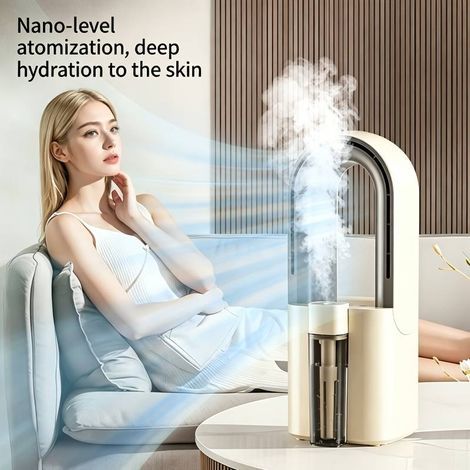 Multifunctional bladeless desk fan, also functioning as a mist humidifier for home and office, off-white. (1/4)