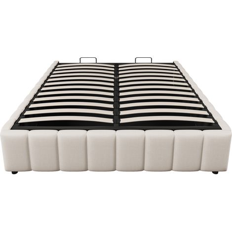 Cama tapizada 140 x 200 cm con almacenamiento hidráulico, sin cabecero, beige (1/5)