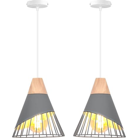 Suspension Luminaire Moderne Industrielle Bois Lustre Abat-jour Métal Vintage forme Cage Ø25cm Plafonnier E27 Design pour Cuisine Chambre Salon (Gris-2pcs) [Classe énergétique A] (1/5)