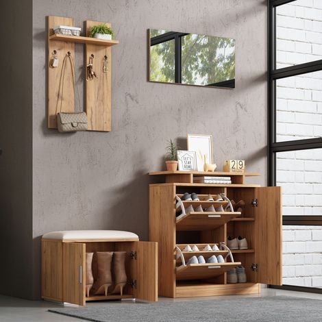 Flur-Garderoben-Set, Wandgarderobe Garderoben-Set mit Schuhbank und Schuhschrank, 1 Spiegel, 4 Haken, 5 Türen, natural, B140× T35 × H133 cm