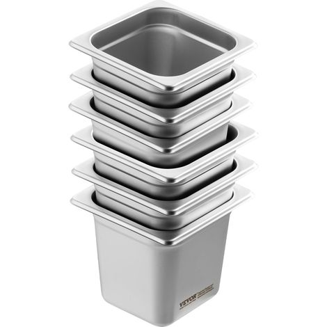 VEVOR Set Contenitore per Alimenti Antiaderente Cucina Confezione 6 Pezzi, Vassoio Contenitore 178x168x160 mm Acciaio Inox Bacinelle Dimensioni GN1/6 per Catering Uso Commerciale Senza Coperchio (1/5)
