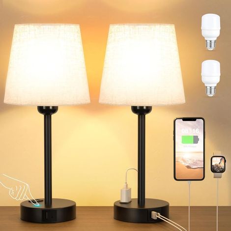 Lampe de chevet tactile ACKERMAN avec ports USB-A, USB-C et prise AC, lot de 2, variateur 3 niveaux, blanc cassé, pour chambre, salon, chambre d’enfant ou bureau (ampoule incluse) (1/5)