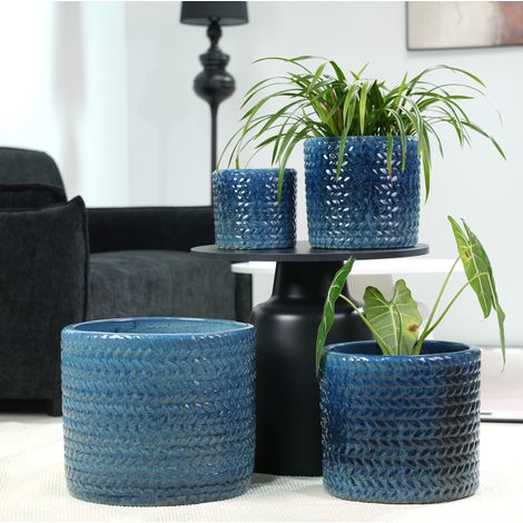 Maceta de cerámica Ø31 cm azul oscuro, relieve en espiga, con orificio de drenaje HAVRYA (1/5)