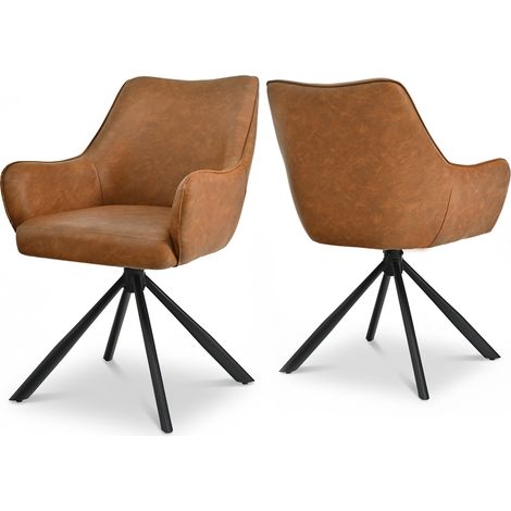 Bon Furni Fauteuils de Salle à Manger Pivotants en similicuir marron, Pieds Métal Noir, Lot de 2