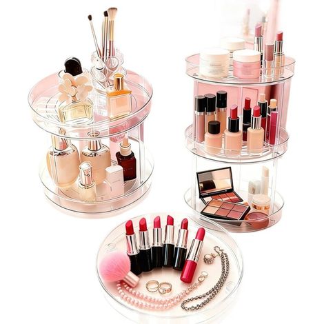 Étagère rotative de rangement cosmétique, structure 3 colonnes en plastique, organisateur chic pour coiffeuse et salle de bain (1/5)
