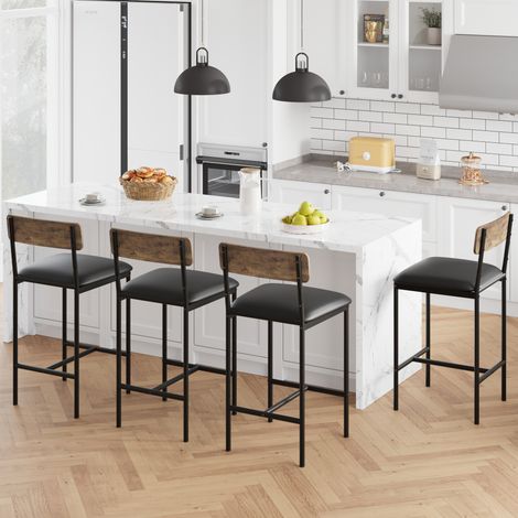 Tabouret de Bar, Lot de 4, avec Dossier, Siège de 95 cm de Haut, Montage Facile, Style Industriel, Marron Rustique et Noir (1/5)