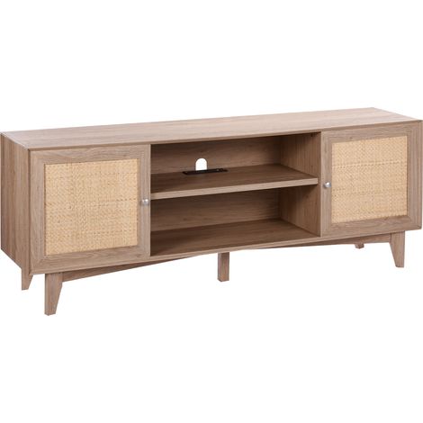 Mophorn Meuble TV en rotin avec prise intégrée pour écran jusqu'à 75", finition chêne (1/5)