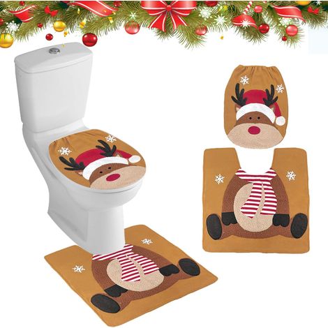 Ensemble de toilettes de Noël - Décorations de Noël - Père Noël - Housse de toilette - Décoration de salle de bain - Coussin de toilette de Noël pour abattant au sol - WC, wapiti (1/5)