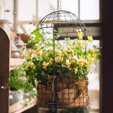 Cage à oiseaux en fil métallique Pot suspendu déco jardin Bac à fleurs pour extérieur (1/3)