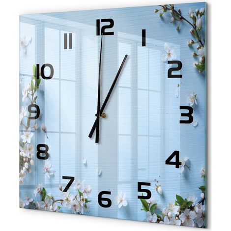Grande Horloge Murale Carrée Décoration Cuisine en Verre Trempé Silencieuse Moderne Arrière-plan de fleurs de cerisier 60x60 cm (1/5)