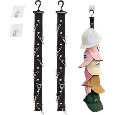 Lot de 2 supports muraux pour casquettes de baseball, rangement de casquettes, pas de montage nécessaire, contient 16 pinces métalliques, portable et polyvalent (1/5)