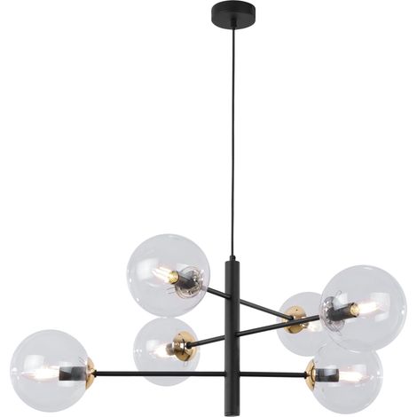 LAMPE SUSPENDU VICENZA NOIRE ET OR 6 ABAT-JOUR PLATS TRANSPARENTS E14 (1/5)