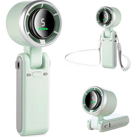 Mini-Ventilator (12 Stunden Laufzeit), kleiner Taschen-/Tisch-/Nackenventilator mit 5 Geschwindigkeitsstufen und bürstenlosem Motor, 3600-mAh-Akku, ideal für Camping, Sport und Reisen – Grün (1/5)