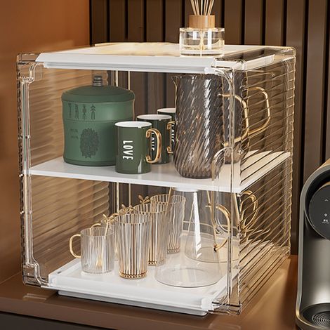 Organisateur de bouteilles d'eau en acrylique robuste, anti-poussière et facile à nettoyer. Support de rangement pour bouteilles d'eau, format moyen, 2 niveaux, blanc. (1/5)