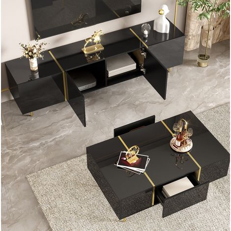 Ensemble meuble TV et table basse en MDF noir brillant, 170x35x46 cm + 100x60x41,5 cm, rangement (1/5)