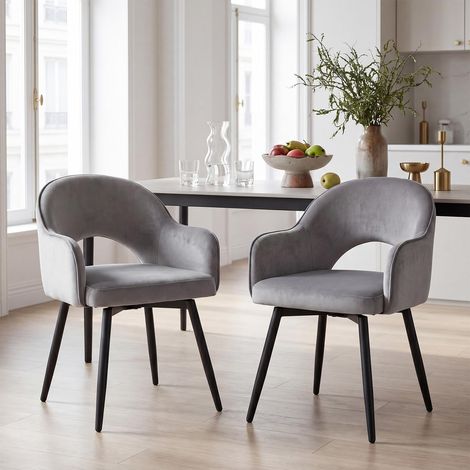 Wahson Set of 2 Velvet Swivel Dining Chairs, Modern Kitchen Corner Chairs with Hollow Backrest for Living Room and Restaurant, Grey