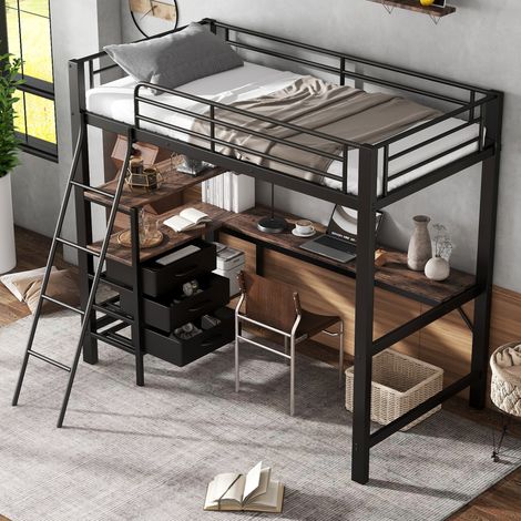 DESVIAE Lit mezzanine enfant et adolescent avec bureau 2 m bibliothèque 3 tiroirs échelle inclinée 4 marches 90 x 200 cm noir et noyer foncé structure en métal et bois (1/5)