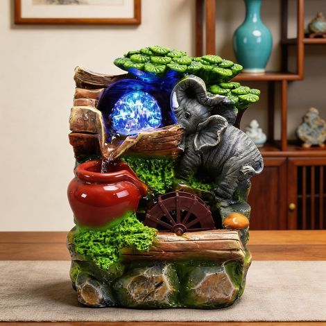 Fontaine De Salle Cascade d'Intérieur avec Boule Roulante en Polyrésine - Éléphant Roche pour Table de Jardin à Eau 23x18x13cm (1/5)