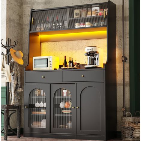 Credenza alta in MDF e legno truciolare nero 120x40x180 cm con 2 cassetti, ripiani regolabili e LED (1/5)