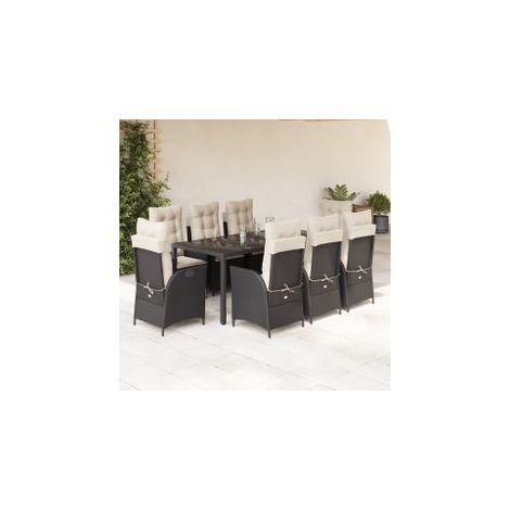 Ensemble à manger de jardin 9pcs coussins noir résine tressée (1/5)