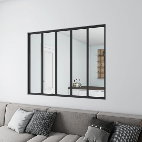 Tramezzo Interno Vetrata 153x108 cm 5 pannelli in Vetro Temperato Trasparente da 4 mm Profili Finitura Nero Opaco (1/4)