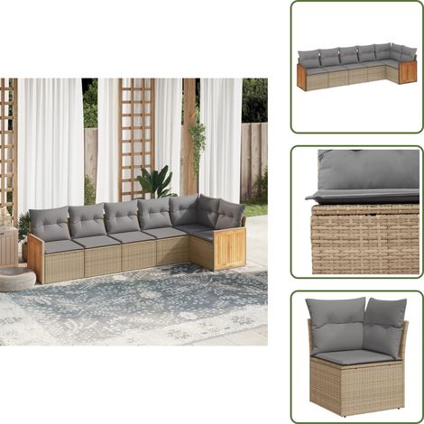 The Living Store 6-tlg. Garten-Sofagarnitur mit Kissen Beige Poly Rattan - Gartensessel