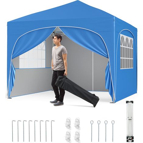 COSTWAY Gazebo Piehevole da Esterno 3 x 3 m, Gazebo Regolabile in Altezza con Pareti Rimovibili, Borsa con Ruote, Picchetti, Ancoraggi, Corde Vento e Sacchi di Sabbia, Tendone per Giardino (Blu) (1/5)