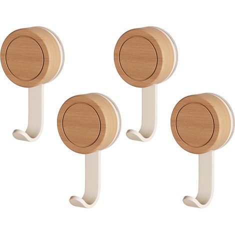 Ganchos de pared adhesivos de madera para baño - 4 ganchos adhesivos reutilizables - Para baños y cocinas (blanco) (1/5)