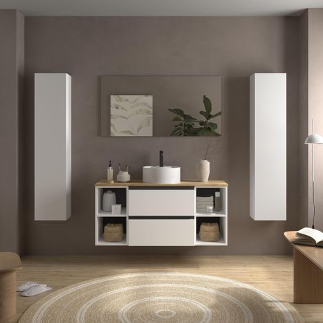 Meuble de salle de bain BEQUIA PLUS METAL 120cm Blanc mat Vasque à poser Porcelaine Centrale 2H (1/5)
