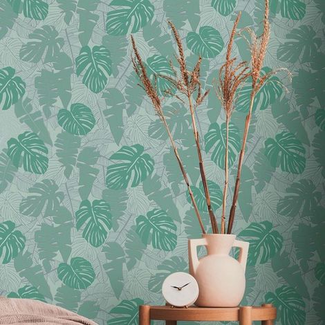 Papier peint nature exotique vert céladon Tapisserie florale feuillage Papier peint moderne intissé style jungle idéal pour salon (1/5)
