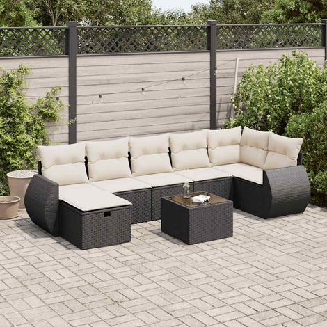 Ensemble Salon Jardin 8 Places Noir Résine Tressée avec Coussins Crème - Mobilier Extérieur Modulaire avec Rangement (1/5)