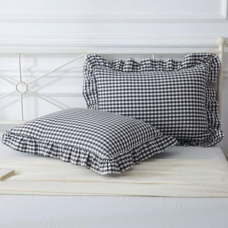 Funda de almohada negra estampada con volantes, algodón lavado, estilo rústico, 51 x 66 cm (juego de 2) (1/5)