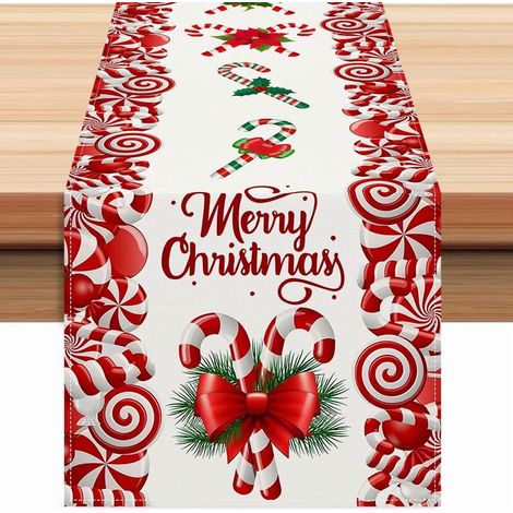 Chemise De Table De Noël - Motif Sucette Rouge Et Blanc - 183 cm x 33 cm - Décoration De Table Pour Fêtes Hivernales - 1 Pièce (1/5)