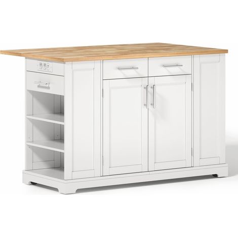 Îlot de cuisine 138 cm rangement coulissant meuble de cuisine plan de travail rabattable roulettes silencieuses prise électrique (1/5)