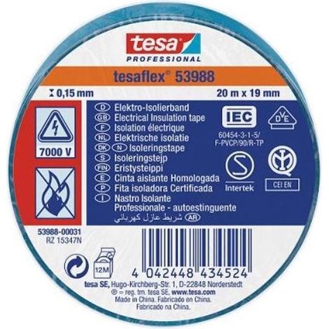 RUBAN D'ISOLATION ELECTRIQUE 53988 20 M X 19 MM BLEU - TESA - 53988-00031-00