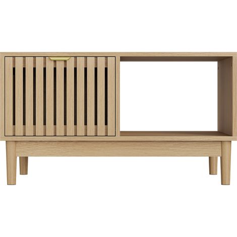 CHICFURN Mesa de centro 80 x 50 x 45 cm acabado roble, estilo mid-century, con almacenaje (1/5)