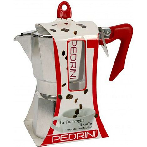 Caffettiera Caffè Moka Brillantata in Alluminio Manico Rosso Mezza Tazza Pedrini