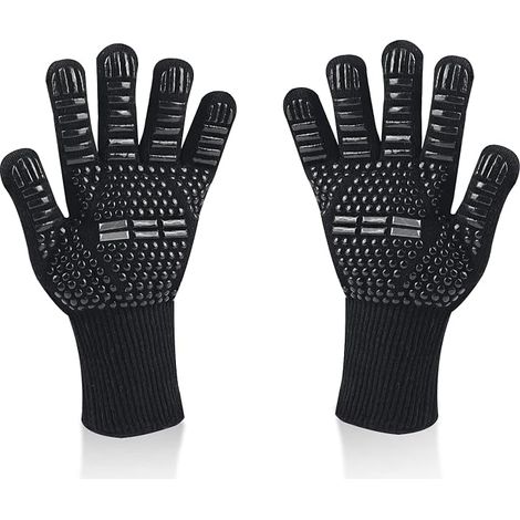 Guantes de barbacoa universales para horno, resistentes al calor hasta 800 °C, antideslizantes, de silicona ignífuga con protección para el antebrazo, para barbacoa, horno y chimenea (negros) (1/5)
