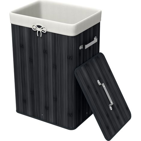 Panier à linge, boîte à linge, panier à linge avec couvercle, sac en toile, bambou, pliable, 72 L, noir, 40 x 30 x 60 cm (1/5)